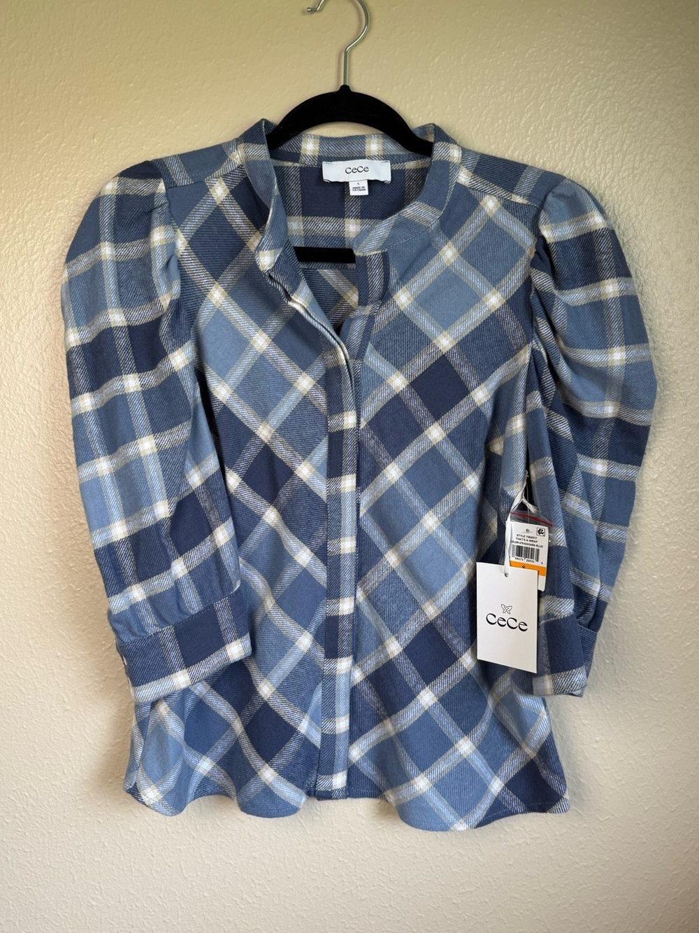 Cece blue plaid cotton blouse